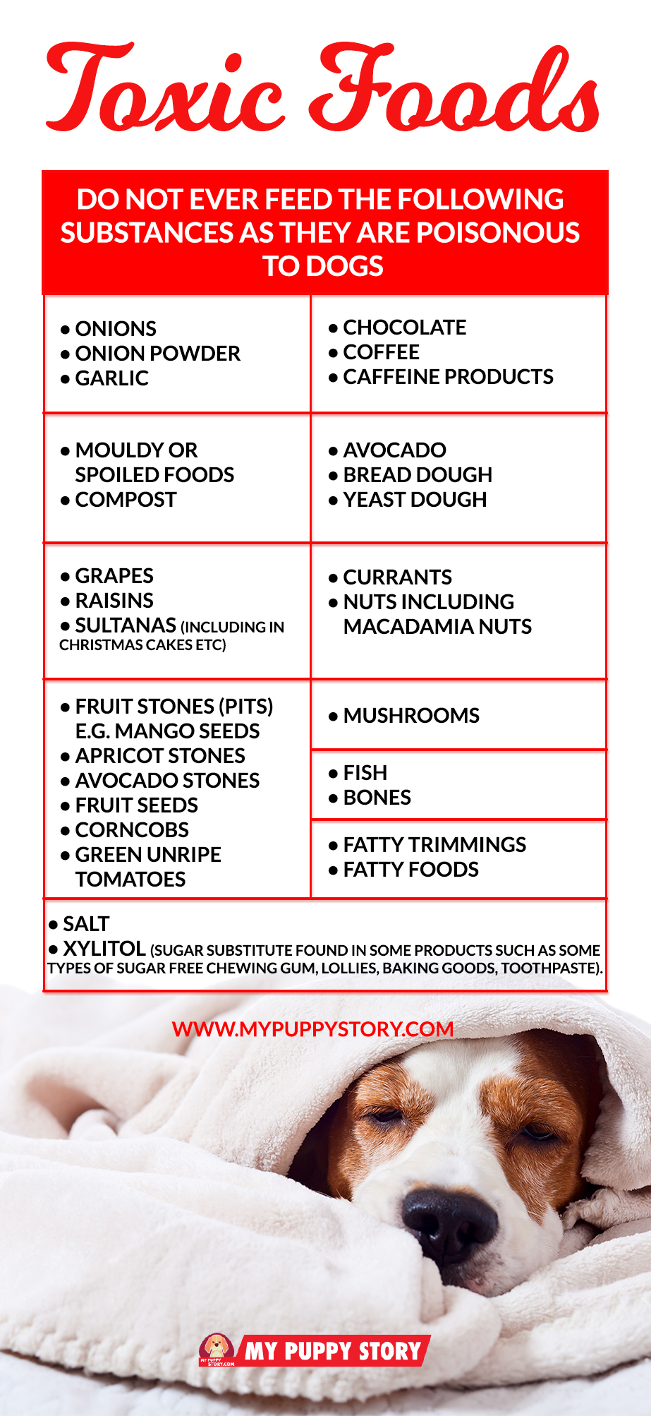 Onions Onion powder Garlic Chocolate Coffee Caffeine products Mouldy or spoiled foods Compost Avocado Bread dough Yeast dough Grapes Raisins Sultanas (including in Christmas cakes etc) Currants Nuts including macadamia nuts Fruit stones (pits) e.g. mango seeds Apricot stones Avocado stones Fruit seeds Corncobs Green unripe tomatoes Mushrooms Fish Bones Fatty trimmings Fatty foods Salt Xylitol (sugar substitute found in some products such as some types of sugar free chewing gum, lollies, baking goods, toothpaste).